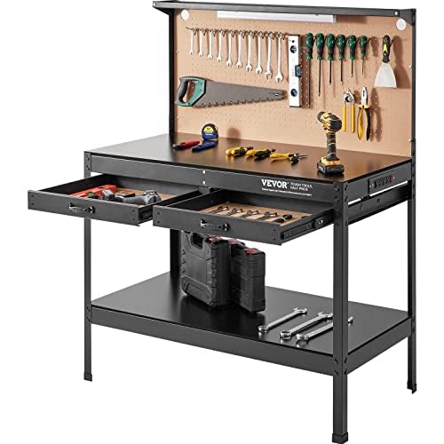 VEVOR Workbench A3 Steel Work Bench for Garage max. 1500W Heavy Duty Workbench 220lbs Weight Capacity 0.47" Bench top Thickness Hardwood Workbench 1.5m Cable 4xAC outlets 2xUSB Ports 30xHooks