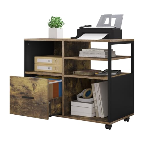 WOLTU Aktenschrank, Rollcontainer mit Schublade, Büroschrank auf Rollen, Rollschrank, Bürocontainer, mit offenen Fächern, für Zuhause oder Büro, Vintage Braun