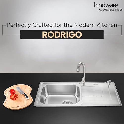 Image of Hindware Kitchen Sink 39.4 inchx19.7 inchx8.6 inch |304 Grade Stainless Steel|Handmade Single Bowl Sink with Accessories includes- Soap Dispanser, Pullout Faucet, Bottle Trap Connector & Chopping Board (Rodrigo)