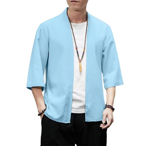 Image of PRIJOUHE Men's Kimono Jackets Cardigan Lightweight Casual Cotton Blends Linen Seven Sleeves Open Front Coat Outwear