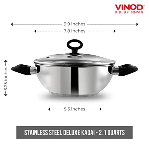 Vinod Stainless Steel Deluxe Kadai with Glass Lid – 20cm, 1.6 Qt | SAS Heavy Bottom | Induction Compatible Wok | Soft Grip Handles | Ideal for Stir-Frying, Curries, & Deep-Frying – Silver by Vinod - Image 2