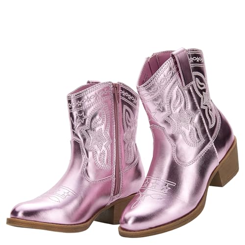 PATPAT Girls Pink Cowgirl Boots Size 4, Mid Calf Platform Horse Riding Shoes Embroidered Pointed Toe Cowboy Boots with Side Zipper by PATPAT - Used condition - US$19.98