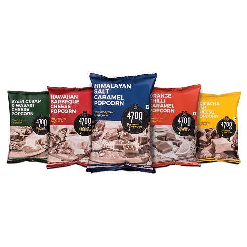 Image of 4700BC Nutty Tuxedo Chocolate Popcorn, Tin, 125g + 4700BC Gourmet Popcorn, 5 Flavours Pack (3 Cheese, 2 Caramel), 475g