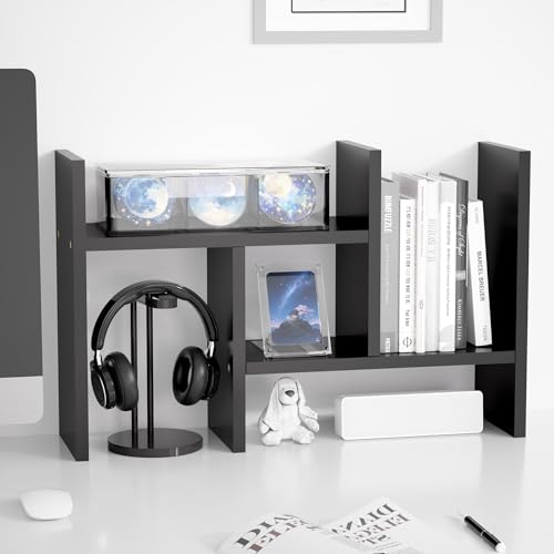 Image of Jerry & Maggie Desktop Organizer Office Storage Rack Adjustable Wood Display Shelf Free Style Double H, Multi-Functional Mini Bookshelf for Desk Natural Stand (Black)
