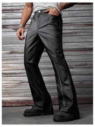 Men's PU Leather Pants Y2K Flare Leg Baggy Pants Half Zip Decor Party Rave Trousers Clubwear4