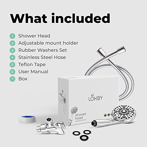 Lokby 5″ High Pressure Handheld Shower Head 6-Setting - Hand Held Showerhead Set With 59″ Stainless Steel Hose, Teflon Tape, Rubber Washers, Bracket #TOP6