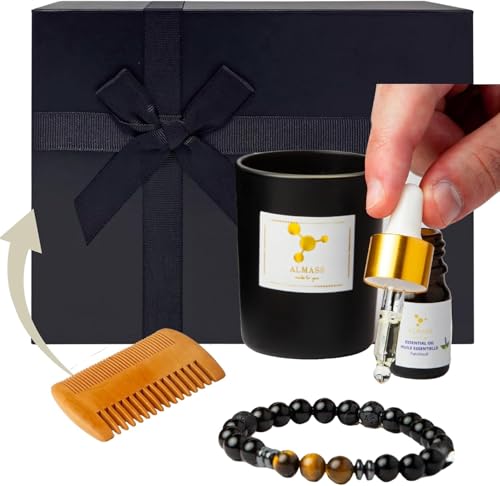 Caixa de presente para homem, grande caixa para homem, original: vela perfumada pulseira difusor de óleo essencial óleo essencial (PATCHOULI) pente de madeira