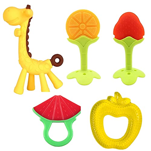 Image of 5 Pcs Teething Toys For Babies 6-12M, Silicone Fruit Baby Teething Toys Set,Freezable Baby Teether Chew Toys,Giraffe Teething Toy For Toddlers Infants(Combo Pack)Multicolor
