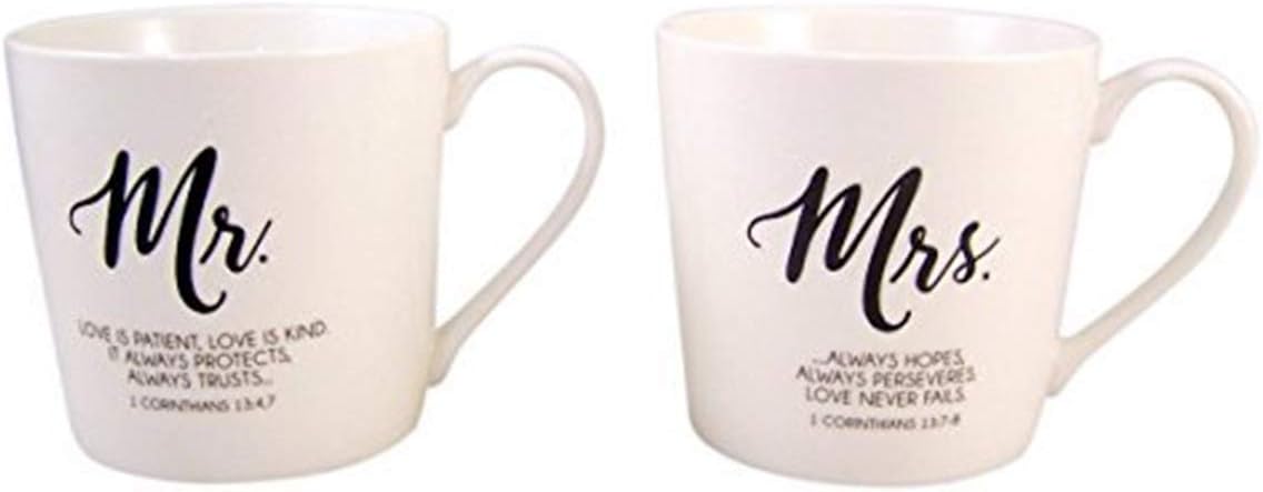 Mr. and Mrs. Coffee Mug Set with Love is Patient Bible Scripture, Set of 2, 12 Ounce
