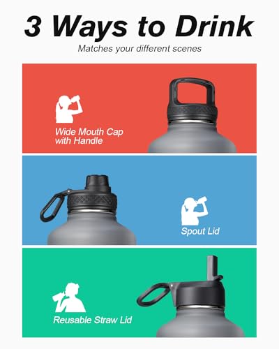 64 oz Insulated Water Bottle with Straw & 3 Lids, Coolflask Half Gallon Water Jug Large Metal Stainless Steel Wide Mouth for Sports, Gym or Office, Non-BPA Keep Cold 48H Hot 24H, Knight Grey