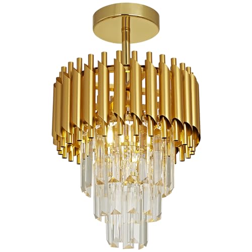 Moderno Led Cristal Colgante Lámpara de araña de cristal de oro de 3 niveles Raindrop Lámpara de araña de montaje empotrado de techo de luz para el comedor Sala de estar Mesa Vestíbulo, D25cm
