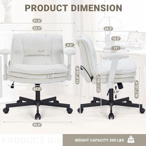 Image of Criss Cross Chair with Wheels and Flip Arms, Upholstered Cross Legged Office Chair with 3 Layer Cushions&Dynamic Airbag Lumbar Support, Wide Seat Comfy Desk Chair for Home Office, Living Room, Beige
