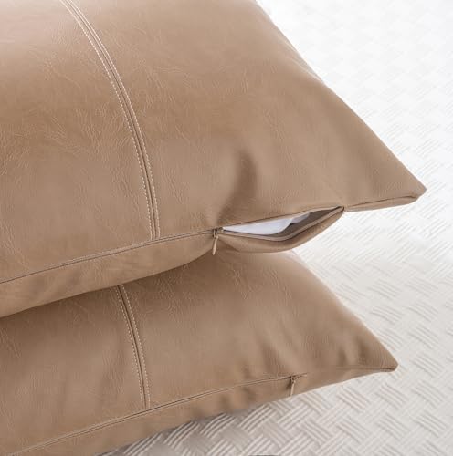 Image of Fancy Homi Tan Long Lumbar Waterproof Faux Leather Body Decorative Throw Pillow Cover 14x36 Inch for Bedroom Couch Bed Bench, Beige Hand Stitched Cushion Case, Taupe Modern Farmhouse Room Decor