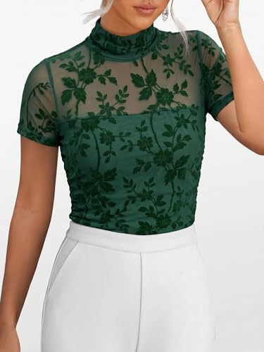 ANRABESS Womens Summer Sexy Mock Turtle Neck Short Sleeve Tops Sheer Mesh Shirts Slim Blouse Trendy Ruched Going Out Outfits Deep Green Floral-S — view 3