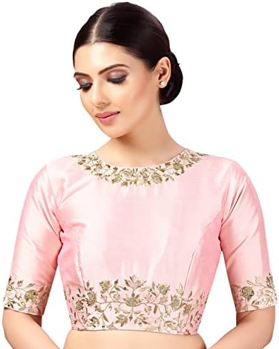 Studio Shringaar Women's Polyester Elbow Length Sleeves Art Silk Embroidered Saree Blouse