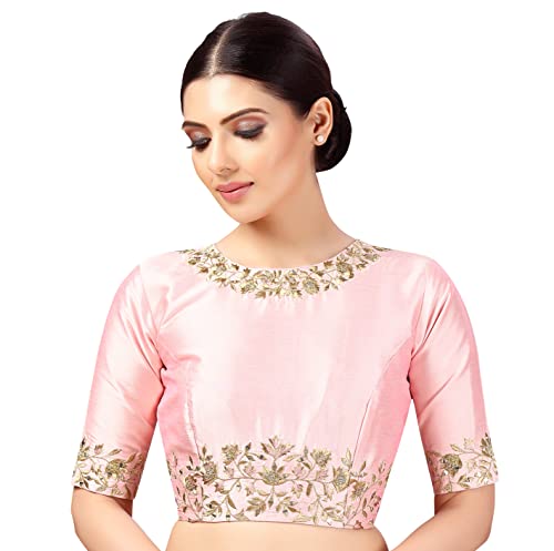Studio Shringaar Women's Polyester Elbow Length Sleeves Art Silk Embroidered Saree Blouse