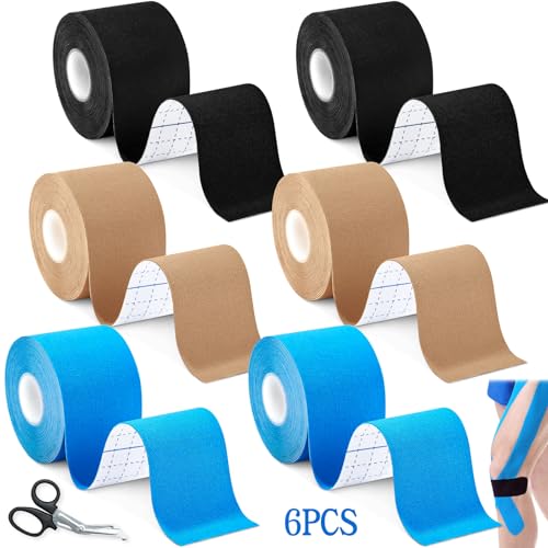 SaiXuan 6 Rollos Cinta Kinesiológica (5cm x 5m) – Kinesiotape Deportivo Adhesivo, Impermeable y Transpirable, para Soporte Muscular y Articulaciones, Negro/Beige/Azul Claro con Tijeras Profesionales