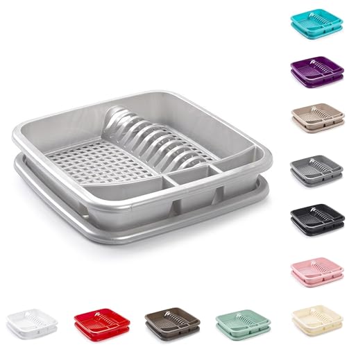 plastific Plastic Dish Drainer Plate Cutlery Rack Kitchen Sink Utensil Rust-Proof Kitchen Draining Cup Holder Cutlery Rack Cutlery and Utensils Holder (39 x 39 x 7.5cm) (Silver)