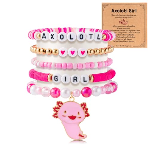 Y1tvei Cute Axolotl Bead Bracelets - 5Pcs Pink White Axolotl Lover Chains for Girls Adjustable Soft Clay Bracelet Kawaii Stuff Stretch Jewelry Accessories with Card for Kids Women Daughter Birthday