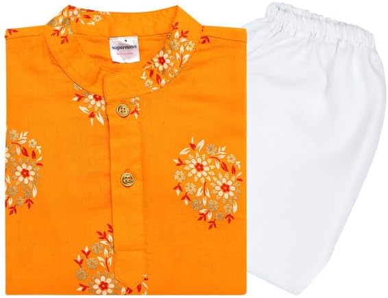 superminis Baby Boys Cotton Ethnic Wear Gold Foil Printed Kurta Set with Elastic Pyjama, Yellow, 4-5 Y