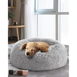 Calming Donut Dog and Cat Bed – 20 inch Waterproof, Zipper Cover, Plush Polyester, Soothing Support for Muscle Pain, Machine Washable, Cuddling Design for Sound Sleep, Small Pet Bed(Gray)