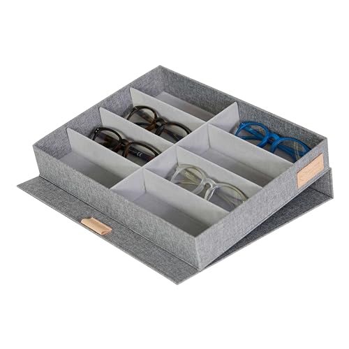 LOVE IT STORE IT Premium - Caja para 8 gafas - De tela de lino - Almacenamiento y presentación - Reforzado con madera - Gris claro - 32 x 25 x 5,5 cm
