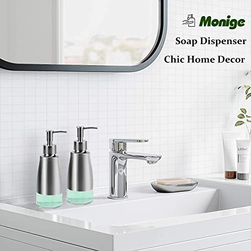 Monige Hand Soap And Lotion Dispenser Set Bathroom Countertop Kitchen Dish Soap Brushed Nickel Pump Container Stainless Steel Frame With Clear Glass Bottle Liner Rust Proof, 12 Stickers, 11Oz/320Ml #TOP4