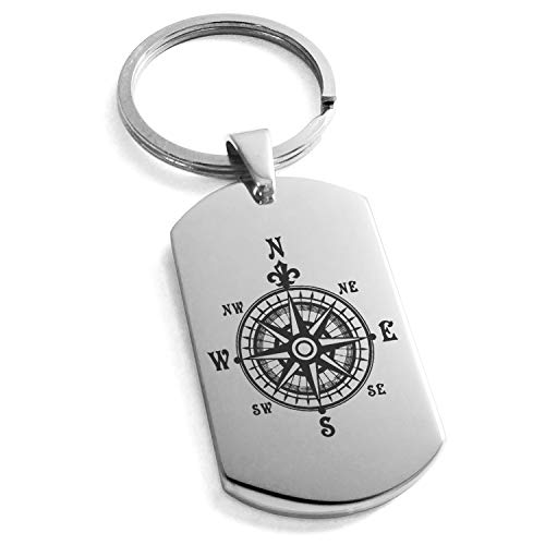 Stainless Steel Nautical Fleur de Lis Compass Dog Tag Keychain Keyring