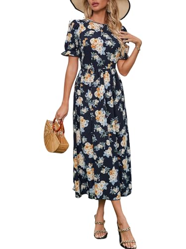 Image of Women's Elegant Floral Dress Coll. (All-Seasons) - Sleeveless /Short /Midi, V-Neck Ruffle, Fashion Casual Party Dresses