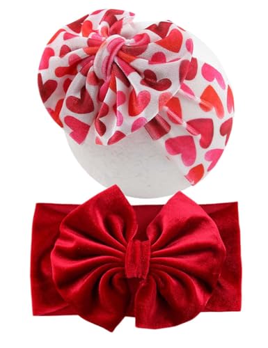 Valentines Bow Headband for Baby Girls Pink Red Love Heart Hair Bow Hairband Toddler Kids Velvet Bowknot Headwrap Stretchy Wide Turban Hair Accessories TSFD61 (Red Heart Set, Onesize)