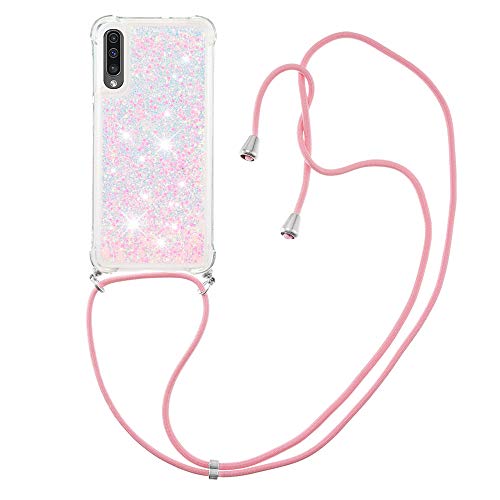 Custodia con Collana per Samsung Galaxy A30s Brillantini Liquido Sabbie Mobili Bumper TPU Case con Cordino Cinturino Lanyard Cover per A30s A50. LP Star Pink