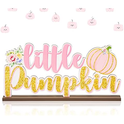 AwserTantue Pink Little Pumpkin Baby Shower Wooden Table Centerpieces, Glitter Wood Letter Sign for Kids Birthday Party Decorations Supplies Fall Pumpkin Theme Gender Reveal Party Ornament Photo Props Cover