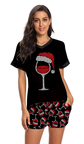 RAISEVERN Christmas Pajamas for Women 2 Piece V Neck Pjs Set Tops and Shorts