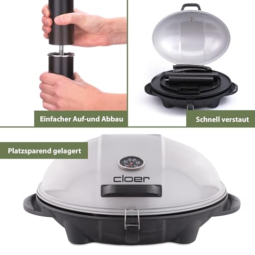 Cloer 6789 Barbecue-Grill, Outdoor Standgrill mit integriertem Thermometer, Antihaftbeschichtung, 2400 Watt, Grillfläche: 38,5 x 52,5 cm, platzsparend verstaubar, Schwarz, Silber