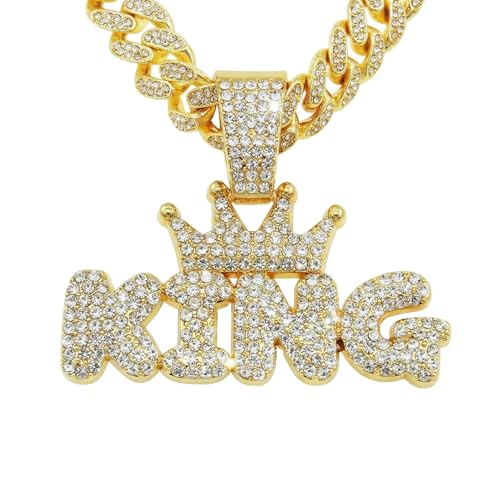 LCWLJL Golden crown letters KING Hip-hop Cuban Chain, Pendant Miami Cuban Link Chain for Men, Gold/Silver Plated Diamond Necklace, Iced Out Hip Hop Necklace