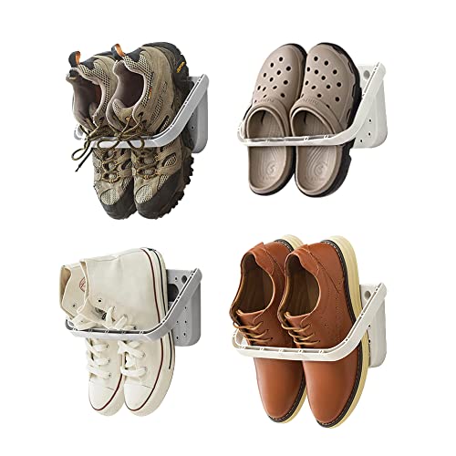 Lot de 4 Supports à Chaussures Pliables - Montage Mural - sans perçage - pour Porte d'entrée, Salle de Bain（Blanc）