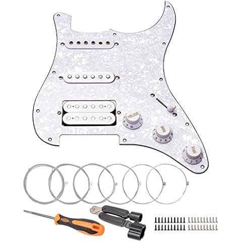 Unxuey 11 Hole Loaded Guitar Pickguard SSH with White Pickup Humbucker Prewired Scratch Plate Set for Fender Stratorcast, 4 Ply White Pearl,with Guitar Strings and Installation Tool Cover