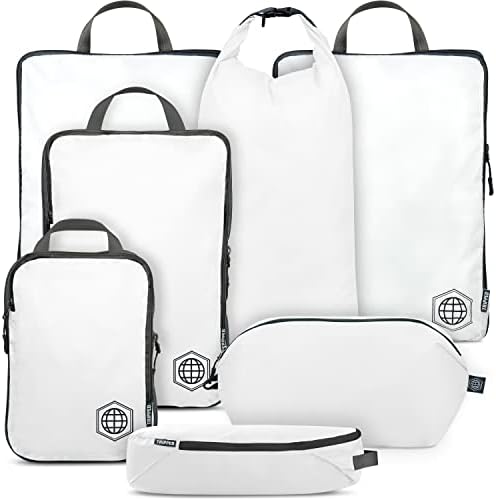Extra Large Compression Packing Cubes for Travel-Extra Packaging Cube Luggage Organizers 7 Piece Set-Ultralight, Expandable/Compression Bags Clothes (White/Grey)