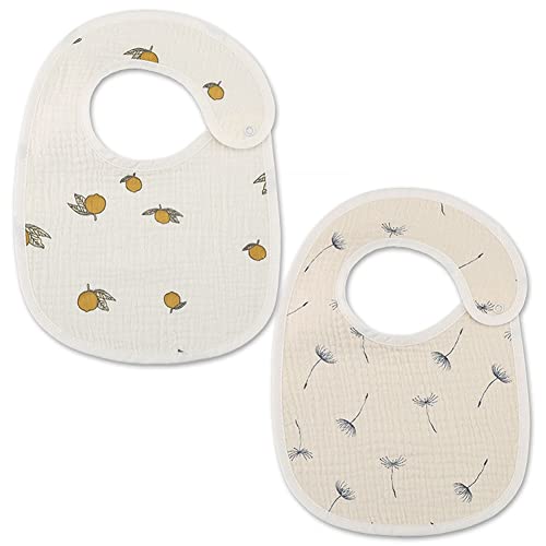 2 Pack Baby Bibs Cotton Waterproof Girls with Button for Teething Drooling Eating Newborn Bib Prints, Type 5
