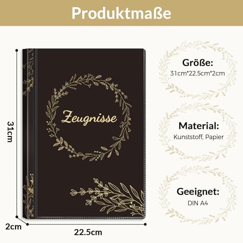 SKYDUE Teczka na świadectwa A4 z 30 koszulkami – teczka na świadectwa, teczka z przezroczystymi koszulkami, teczka na dokumenty, świadectwa i certyfikaty (czarne złoto)