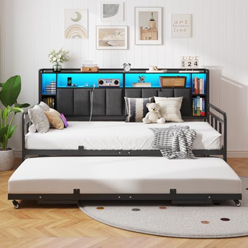 Brinlawb Schlafsofa mit Ausziehbett, Tagesbett 90x200/180x200 cm mit LED Beleuchtung & Ladestation (2 AC-Steckdosen + 2 USB-Anschlüsse), Ausziehbares Bett Praktisches Gästebett für Wohnzimmer, Schwarz