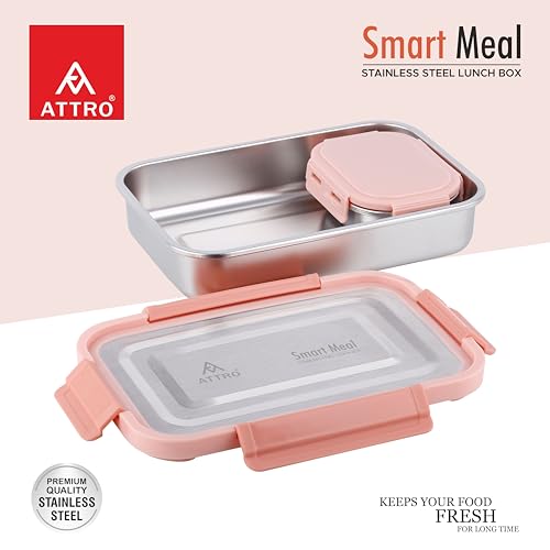 Image of ATTRO Smart Meal Medium Stainless Steel Lunch Box with 1 Small Container Airtight Spill-Proof BPA Free Food Grade Ideal for Office, School, Picnic- Peach-800ml+170ml