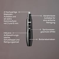 Beurer MN2X Präzisionstrimmer, batteriebetriebene Haarschneidemaschine, 3 hochwertige Aufsätze, Trimmer zum Formen und Trimmen von Nasen-, Ohren- & Augenbrauenhaaren, wasserdicht – Ansicht 5
