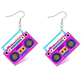 Mintolex 80s Earrings for Women Retro Cassette Tape Earrings Acrylic Radio Tape Drop Dangle Earrings for Halloween Cosplay Glow Party Music Festival 70s 90s Outfit Accessories, Hot Pink Radio