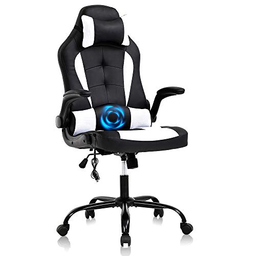 Gaming Chair Ergonomic Office Chair Racing Desk Chair Massage PU Leather Executive High Back Computer Chair, Rolling Task Adjustable Swivel Chair,with Lumbar Support Headrest Footrest,White