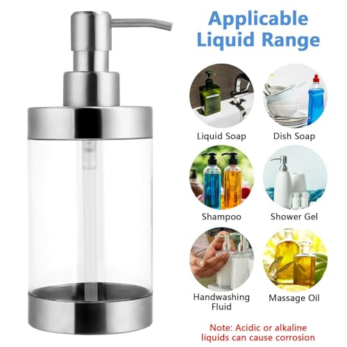 Soap Dispenser Stainless Steel and Acrylic Shampoo Lotion Pump Bottle for Bathroom Kitchen Sink Office Hotel for Kitchen Washing Up Liquid Hand Soap Shower Gel 300ML - Cosy Home Interiors Soap Dispenser Stainless Steel and Acrylic Shampoo Lotion Pump Bottle for Bathroom Kitchen Sink Office Hotel for Kitchen Washing Up Liquid Hand Soap Shower Gel 300ML - Image 3