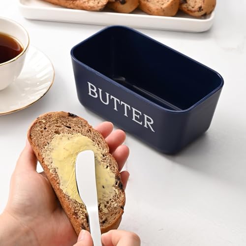Image of Kyraton Large Plastic Butter Dish with Lid and Knife, Food Grade PP Butter Holder Keeper with Cover for Kitchen Refrigerator Butter Container (Blue)