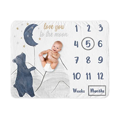 Image of Sweet Jojo Designs Woodland Bear Boy Girl Milestone Blanket Monthly Newborn First Year Growth Mat Baby Shower Memory Keepsake Gift Picture - Navy Blue Grey Gold Black Celestial Moon Star Watercolor