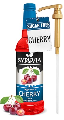 Syruvia Sugar Free Cherry Syrup, Flavored Syrup for Drinks, Lemonades, Iced Teas, and Desserts – 25.4 fl oz - with Pump