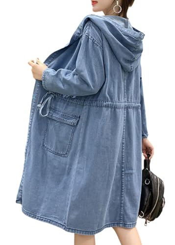 utcoco Womens Mid Long Hooded Jean Jacket Casual Loose Fit Drawstring Denim Jacket Hoodies Open Front Trench Coat